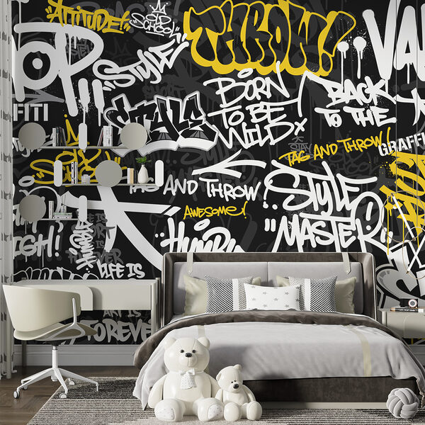 Papier peint Graffiti jaune sur fond noir (UGS : u98895) Papier peint Papier peint Graffiti jaune sur fond noir (UGS : u98895)