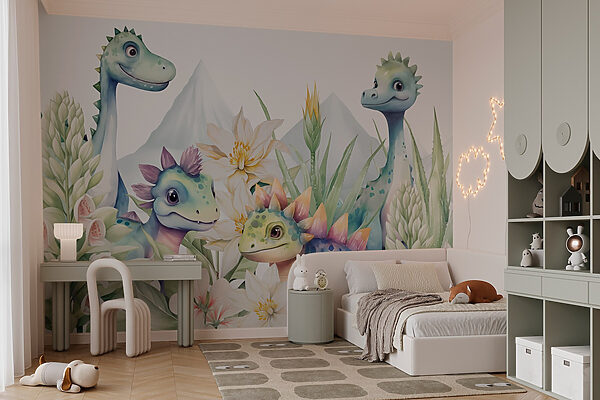 Groupe de dinosaures entourés de fleurs Papier peint Groupe de dinosaures entourés de fleurs