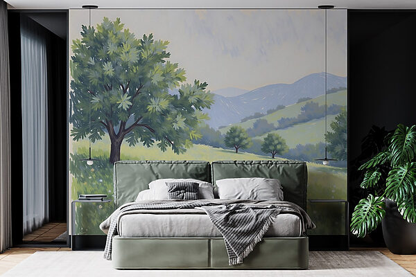 Paysage avec arbres et collines Papier peint Paysage avec arbres et collines