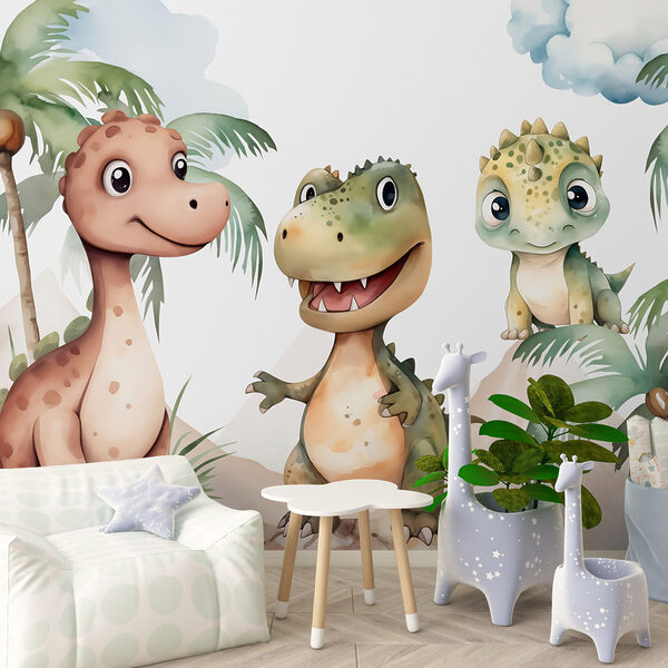 Papier peint Papier peint Groupe de dinosaures debout sur des rochers (UGS : w03675)