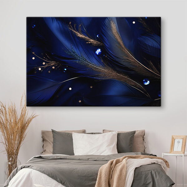Plumes élégantes sur tissu bleu foncé Tableaux Plumes élégantes sur tissu bleu foncé