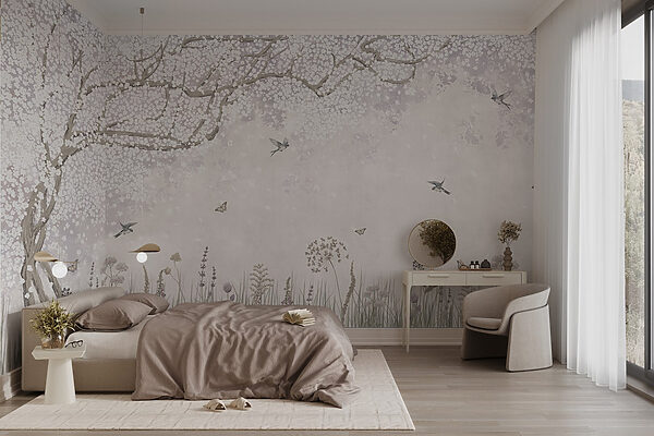 Peinture d'un jardin avec des fleurs et des papillons Papier peint Peinture d'un jardin avec des fleurs et des papillons