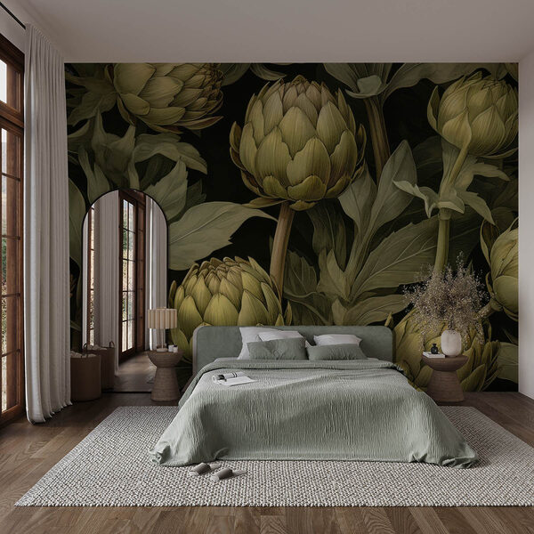 Artichauts avec feuilles et tiges sur fond noir Papier peint Artichauts avec feuilles et tiges sur fond noir
