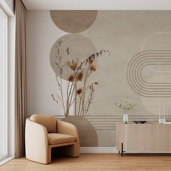 Papier peint Fond brun et blanc avec des cercles bruns et blancs et des plantes