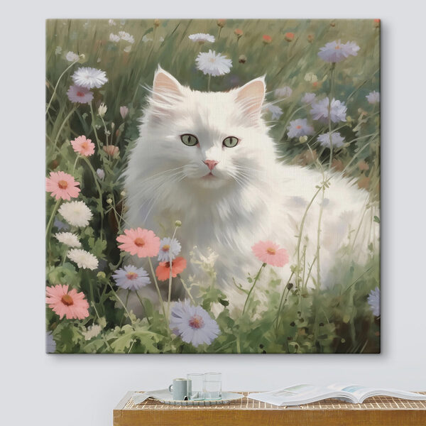 Chat blanc dans un champ de fleurs Tableaux Chat blanc dans un champ de fleurs