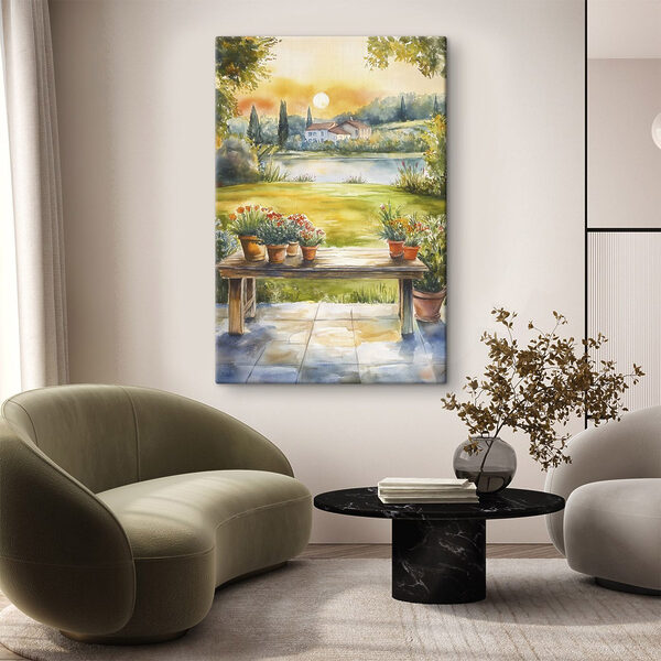Peinture à l'aquarelle d'une table sur laquelle sont posées des plantes en pot Tableaux Peinture à l'aquarelle d'une table sur laquelle sont posées des plantes en pot