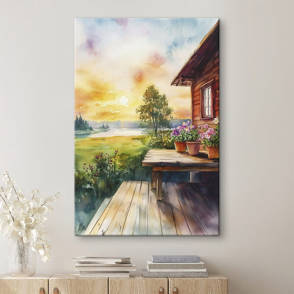Aquarelle d'une maison avec des fleurs sur une table Tableaux Aquarelle d'une maison avec des fleurs sur une table