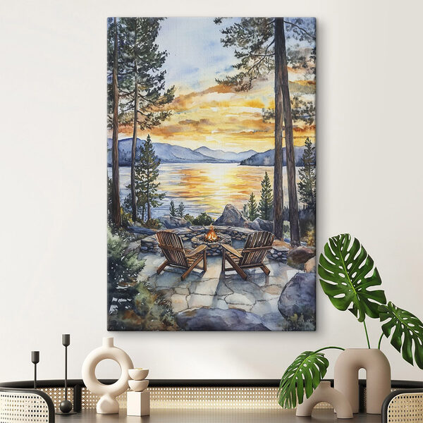 Aquarelle représentant des chaises autour d'un feu de camp surplombant un lac Tableaux Aquarelle représentant des chaises autour d'un feu de camp surplombant un lac