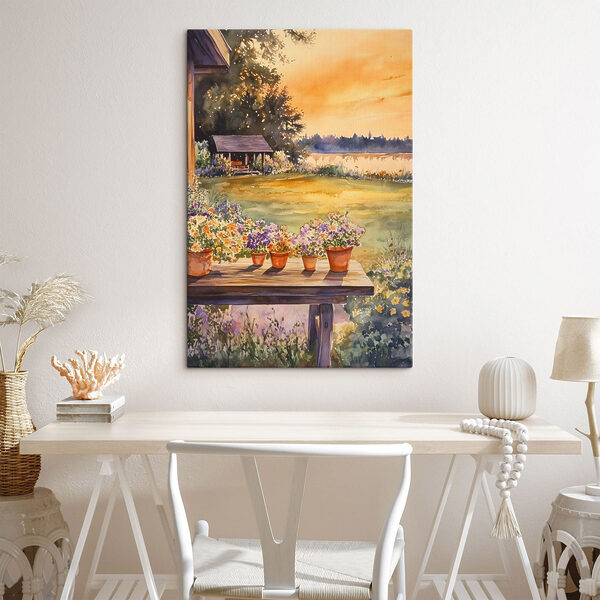 Aquarelle d'un porche avec des fleurs en pot sur une table Tableaux Aquarelle d'un porche avec des fleurs en pot sur une table