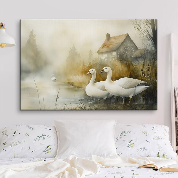 Aquarelle d'oies dans un étang Tableaux Aquarelle d'oies dans un étang
