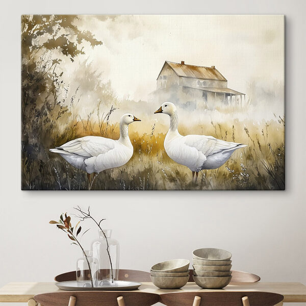 Aquarelle de deux oies dans un champ Tableaux Aquarelle de deux oies dans un champ