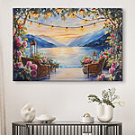 Tableaux Peinture à l'aquarelle d'une terrasse avec des chaises, des fleurs et des lumières au bout d'une ficelle