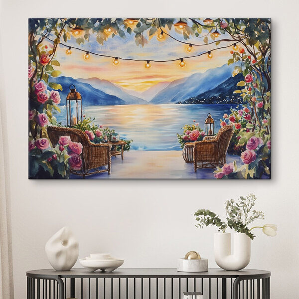 Peinture à l'aquarelle d'une terrasse avec des chaises, des fleurs et des lumières au bout d'une ficelle Tableaux Peinture à l'aquarelle d'une terrasse avec des chaises, des fleurs et des lumières au bout d'une ficelle