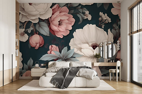 Motif floral avec des fleurs blanches et roses Papier peint Motif floral avec des fleurs blanches et roses