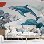 Papier peint Baleine et eau avec un soleil rouge