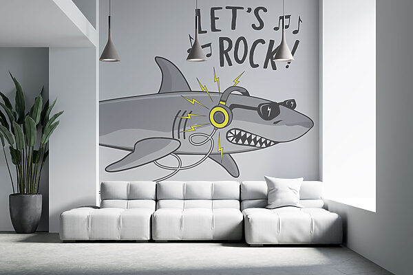Requin de dessin animé avec des écouteurs Papier peint Requin de dessin animé avec des écouteurs