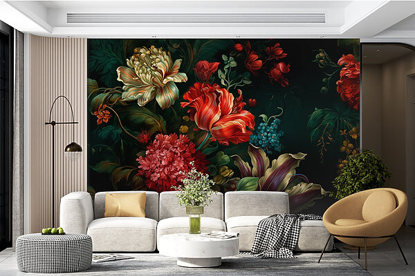 Peinture de fleurs sur fond sombre Papier peint Peinture de fleurs sur fond sombre