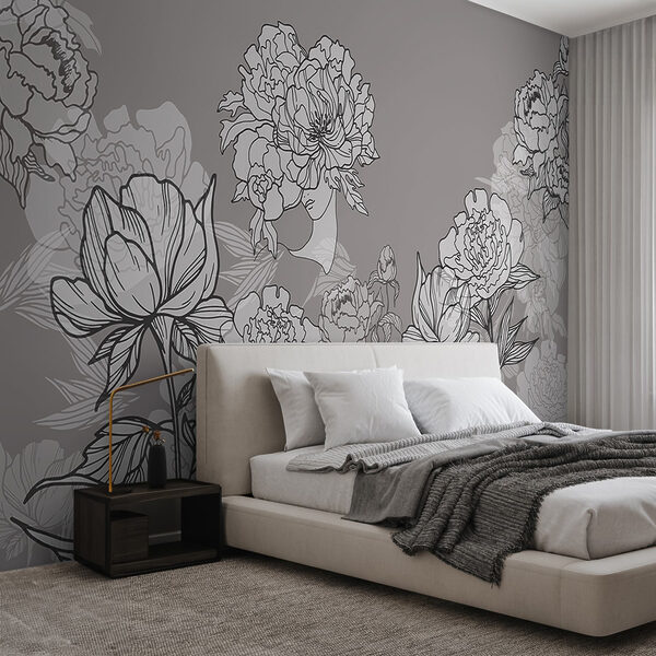 Ligne de fleurs sur fond gris Papier peint Ligne de fleurs sur fond gris
