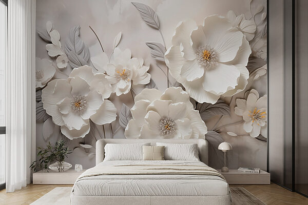 Fleurs blanches sur un mur Papier peint Fleurs blanches sur un mur