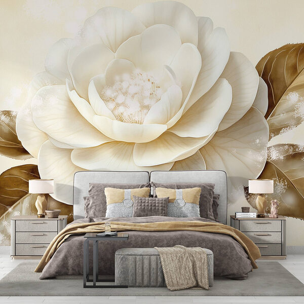 Fleur blanche avec des feuilles brunes Papier peint Fleur blanche avec des feuilles brunes