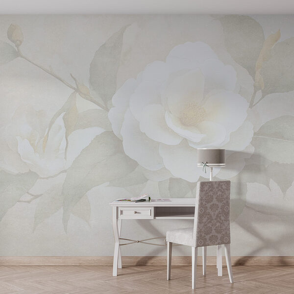 Fleur blanche avec des feuilles vertes Papier peint Fleur blanche avec des feuilles vertes