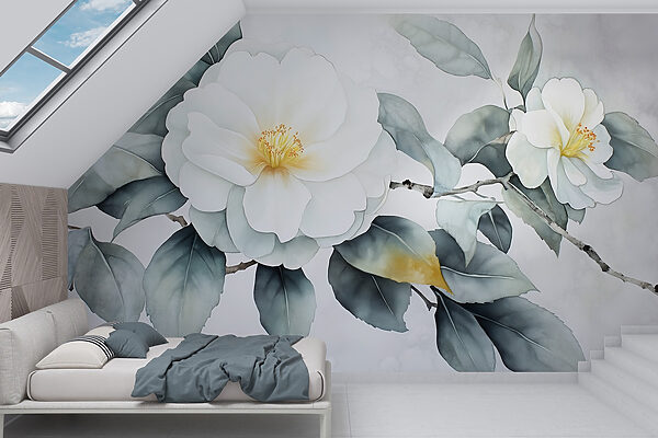 Fleur blanche avec des feuilles vertes Papier peint Fleur blanche avec des feuilles vertes