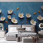 Papier peint Groupe de fleurs blanches sur fond bleu