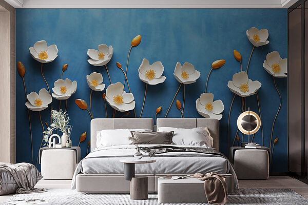 Groupe de fleurs blanches sur fond bleu Papier peint Groupe de fleurs blanches sur fond bleu