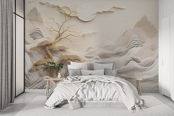 Arbre et montagnes avec nuages et soleil Papier peint Arbre et montagnes avec nuages et soleil
