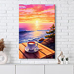 Tableaux Tasse de café sur une table surplombant un plan d'eau