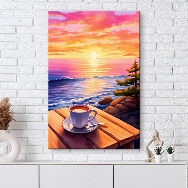 Tasse de café sur une table surplombant un plan d'eau Tableaux Tasse de café sur une table surplombant un plan d'eau