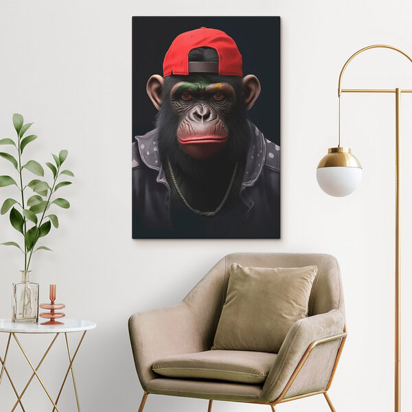 Chimpanzé portant un chapeau et une veste rouges Tableaux Chimpanzé portant un chapeau et une veste rouges