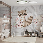 Papier peint Raton laveur et lapin tenant des fleurs