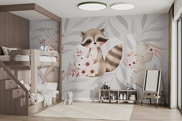 Raton laveur et lapin tenant des fleurs Papier peint Raton laveur et lapin tenant des fleurs