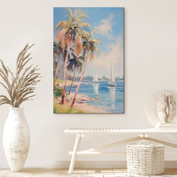 Peinture d'une plage avec des palmiers et des bateaux Tableaux Peinture d'une plage avec des palmiers et des bateaux