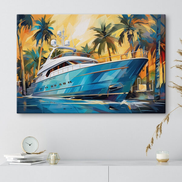 Bateau bleu dans l'eau avec des palmiers Tableaux Bateau bleu dans l'eau avec des palmiers
