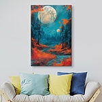 Tableaux Peinture d'une forêt avec des feuilles orange et une pleine lune