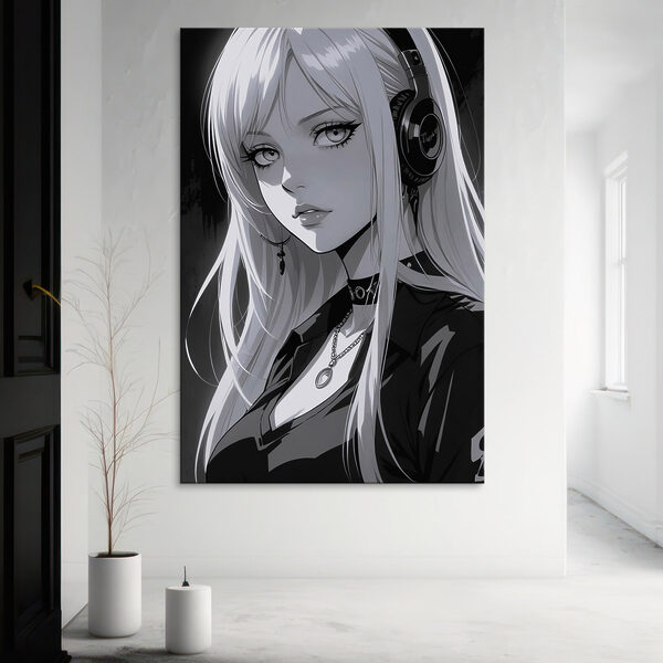 Femme aux longs cheveux blonds portant des écouteurs Tableaux Femme aux longs cheveux blonds portant des écouteurs