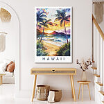 Tableaux Aquarelle d'une plage avec des palmiers et des vagues