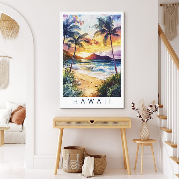 Aquarelle d'une plage avec des palmiers et des vagues Tableaux Aquarelle d'une plage avec des palmiers et des vagues