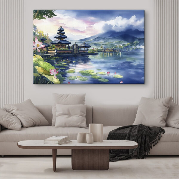 Tableaux Aquarelle d'un lac avec une pagode et des nénuphars