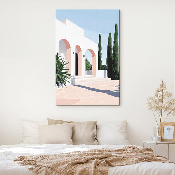 Tableaux Tableaux Bâtiment blanc avec des arcs roses et des arbres (UGS : s44153)