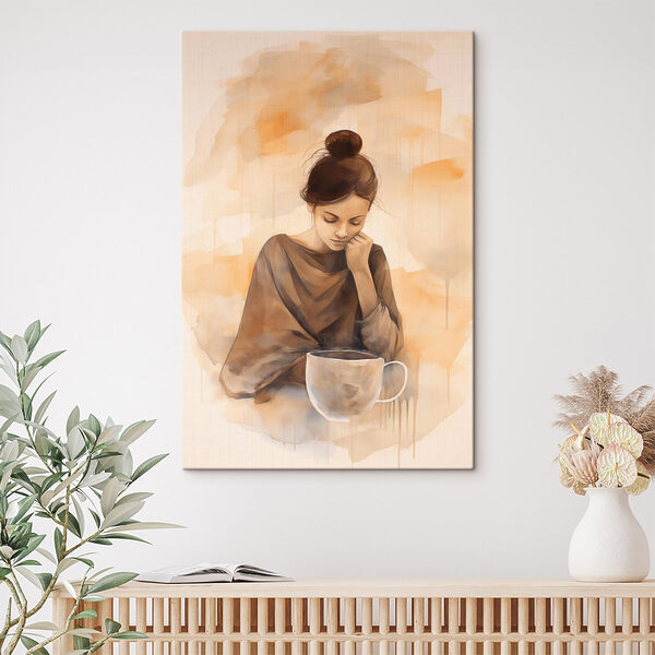 Tableaux Femme avec la main sur le visage regardant une tasse de café