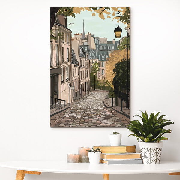 Rue avec des bâtiments et un lampadaire Tableaux Rue avec des bâtiments et un lampadaire