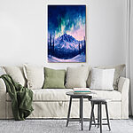 Tableaux Peinture d'une montagne avec des arbres et une aurore boréale