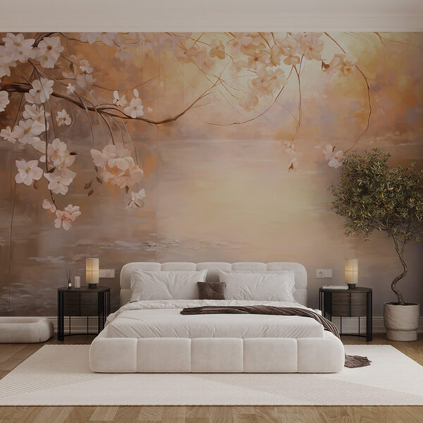 Papier peint Peinture d'une branche d'arbre avec des fleurs