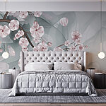Papier peint Branche avec fleurs roses et fleurs blanches