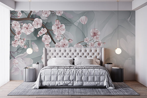 Branche avec fleurs roses et fleurs blanches Papier peint Branche avec fleurs roses et fleurs blanches