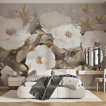 Papier peint Peinture de fleurs et de feuilles blanches