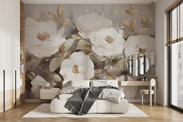 Peinture de fleurs et de feuilles blanches Papier peint Peinture de fleurs et de feuilles blanches